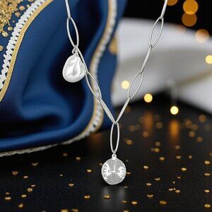 Silver Stainless Steel Lariat Necklace Paperclip Chain Faux Pearl Coin Charm